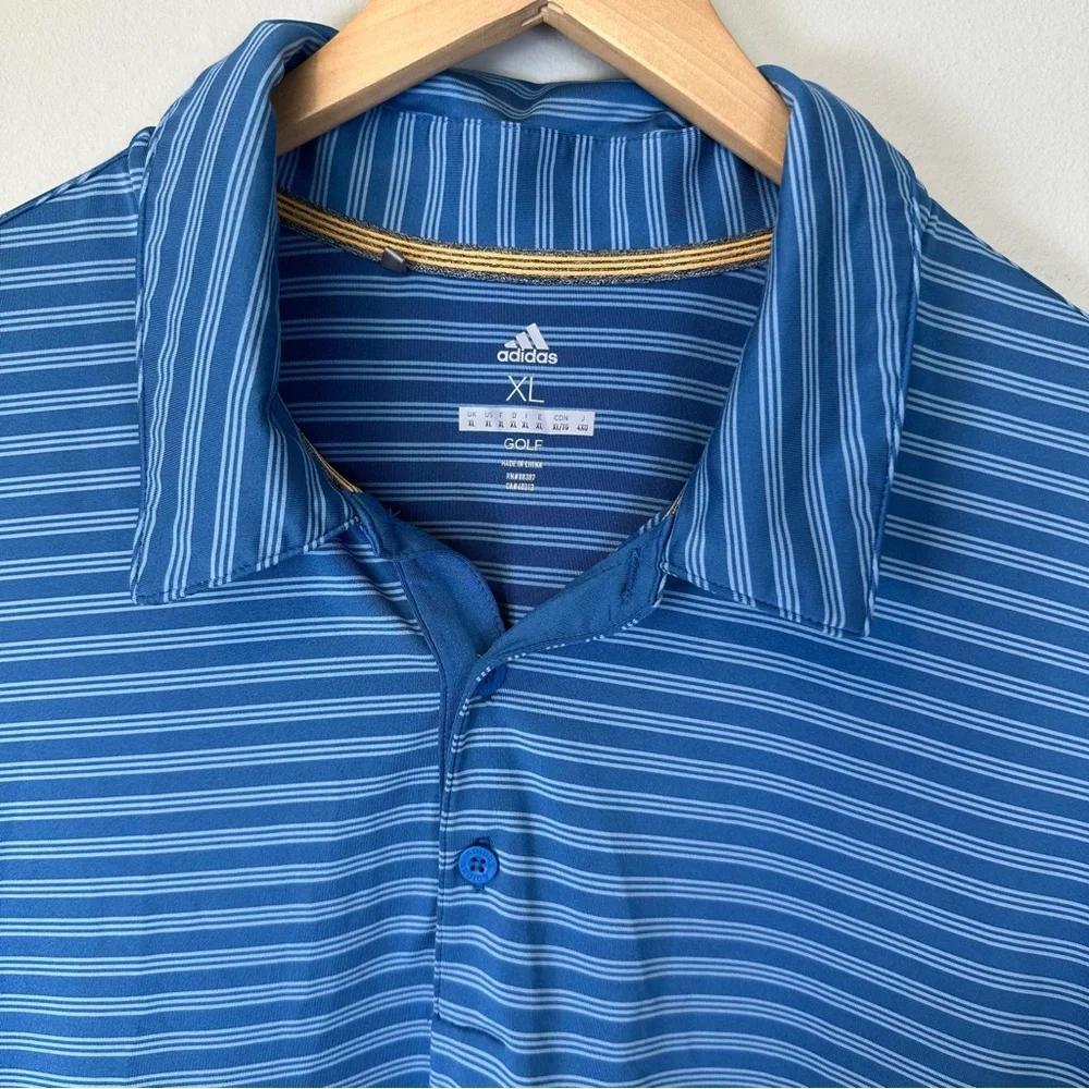 Adidas Men's Golf Blue Striped Polo Shirt Breathable Button Collared Lightweight